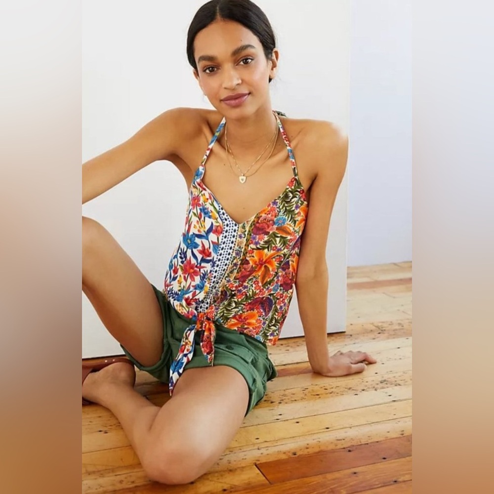 Farm Rio Spliced HalterTop XS Multi Beaded Tie Anthropologie EUC Summer Boho